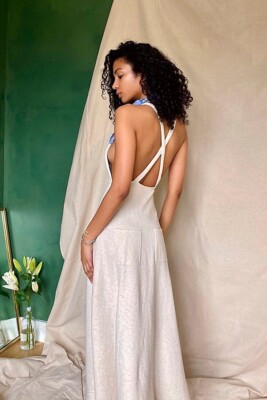 NEW FREE PEOPLE FP BEACH Sz M STAY SALTY PINAFORE OPEN BACK MIDI DRESS  NATURAL