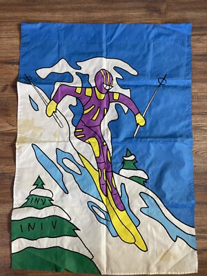 Vintage Skier Ski Flag 90s Colorblock SUPER RARE!! Snow Mountain Slopes 39 x28 