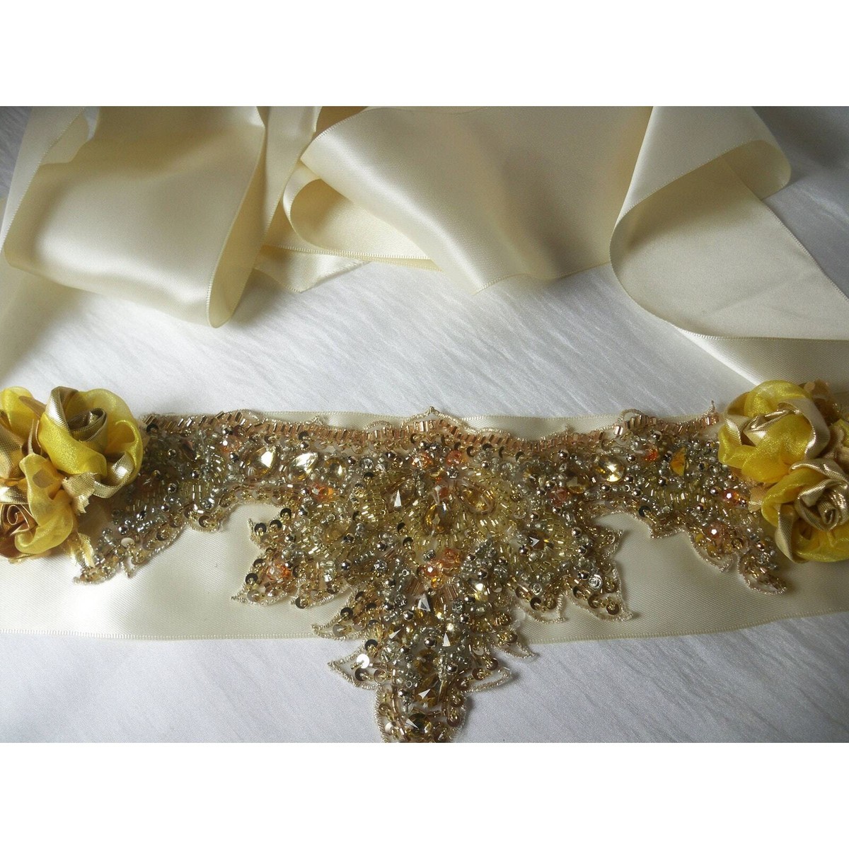 Ivory Gold Rhinestone Crystal Bridal Belt MOB Prom Beaded  display picture 1