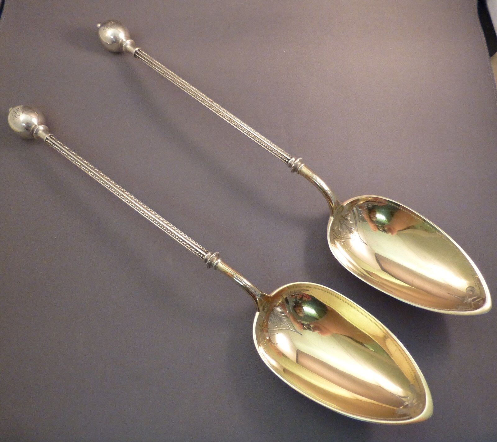 BALL AKA ORB by GEORGE SHARP COIN SILVER PAIR OF PLATTER SPOONS-13 1/4"