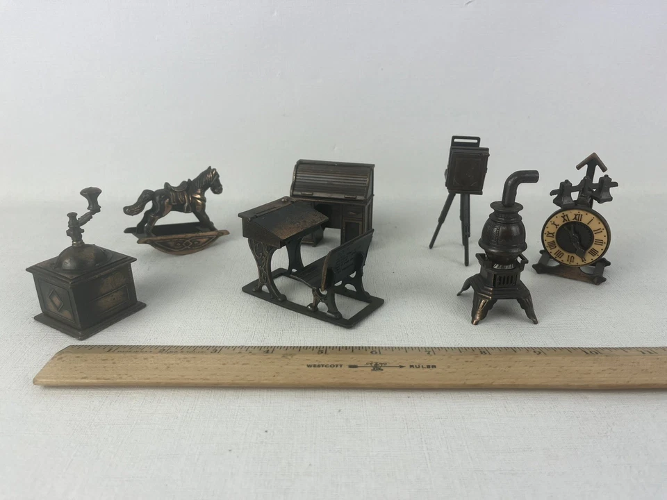 Lot/7 Vintage Durham Industries Dollhouse Figures Desk Rocking Horse - Image 2 of 4