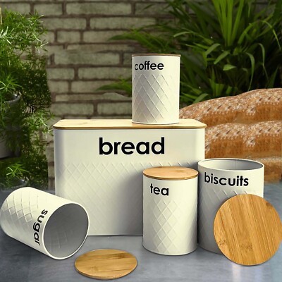 5pc Cream Bread Bin Canister Set Box, Kitchen Loaf Storage Airtight  Bamboo Lid UK