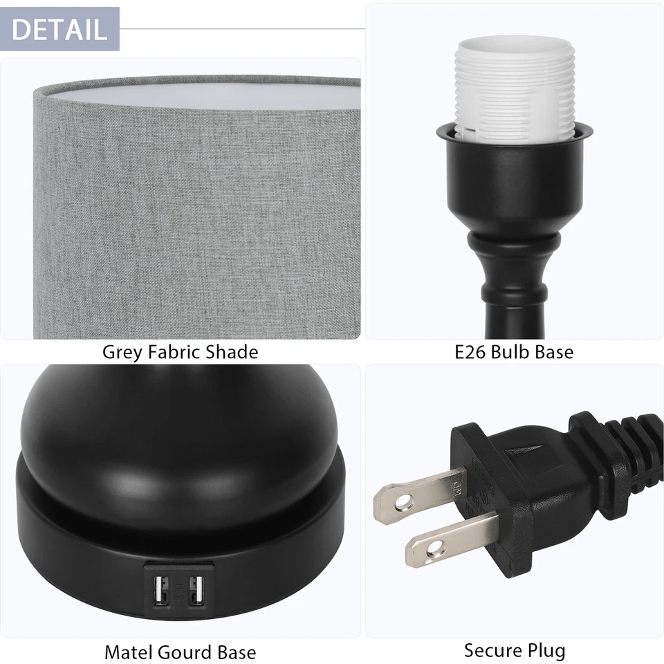 Paquete de 2 lámparas de noche de mesa con control táctil 2 puertos de carga USB para dormitorio Foto 4 de 4