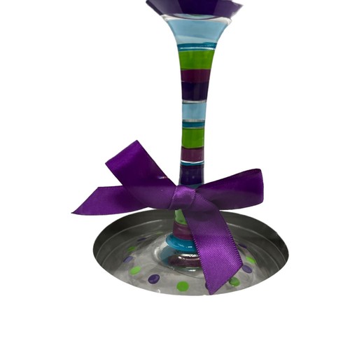 Monogram Letter "A" Long Stem Wine Glass Purple Blue Lime Green Stripes NEW - Picture 4 of 6