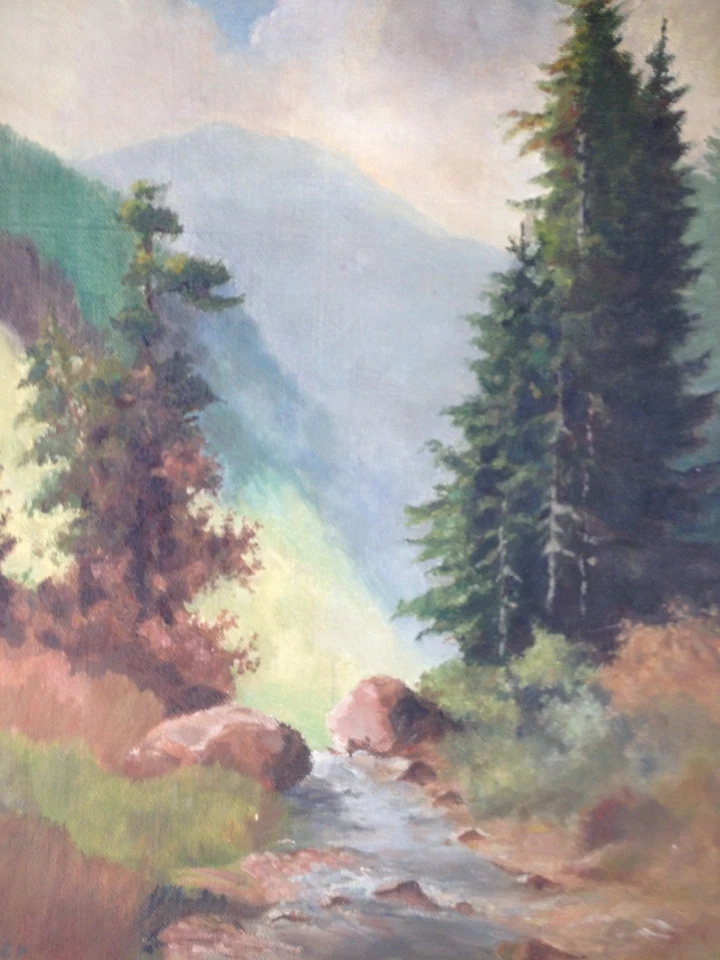::GEBIRGSBACH IM FRÜHLING °SOMMERWIESEN NATUR ANTIK ÖLGEMÄLDE RAHMEN LANDSCHAFT - Bild 2 von 4