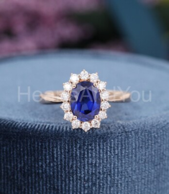 2ct Oval Cut Natural Blue Sapphire & Diamond 100% 14k SOLID Gold Engagement Ring
