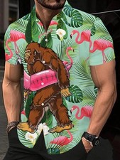Men's 3D digitally printed summer short-sleeved shirt with orangutan flamingo