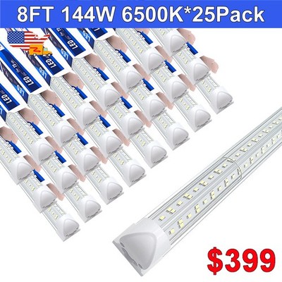 25 Pack 8 Foot LED Lights 144W 6500K 18000LM Linkable Shop Lights LED Bulbs T8