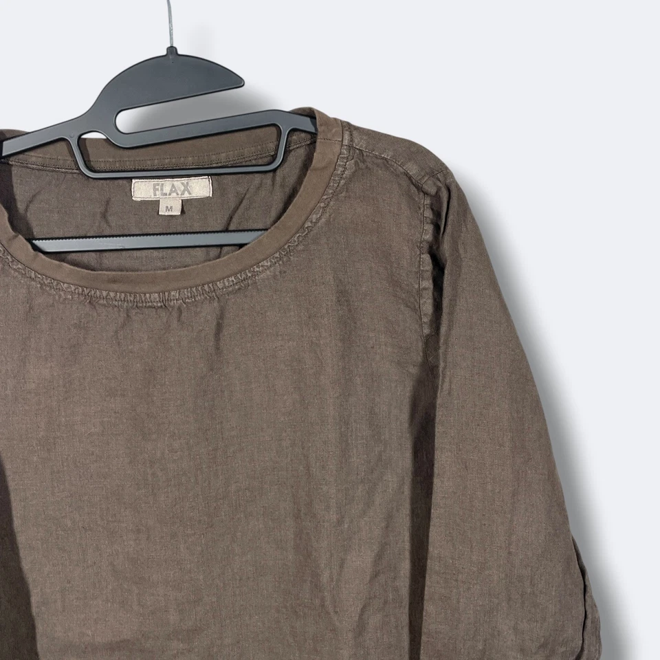 亚麻长袖束腰上衣女式 M 棕色 100% 亚麻极简主义 Lagenlook — 第 2/4 张图片