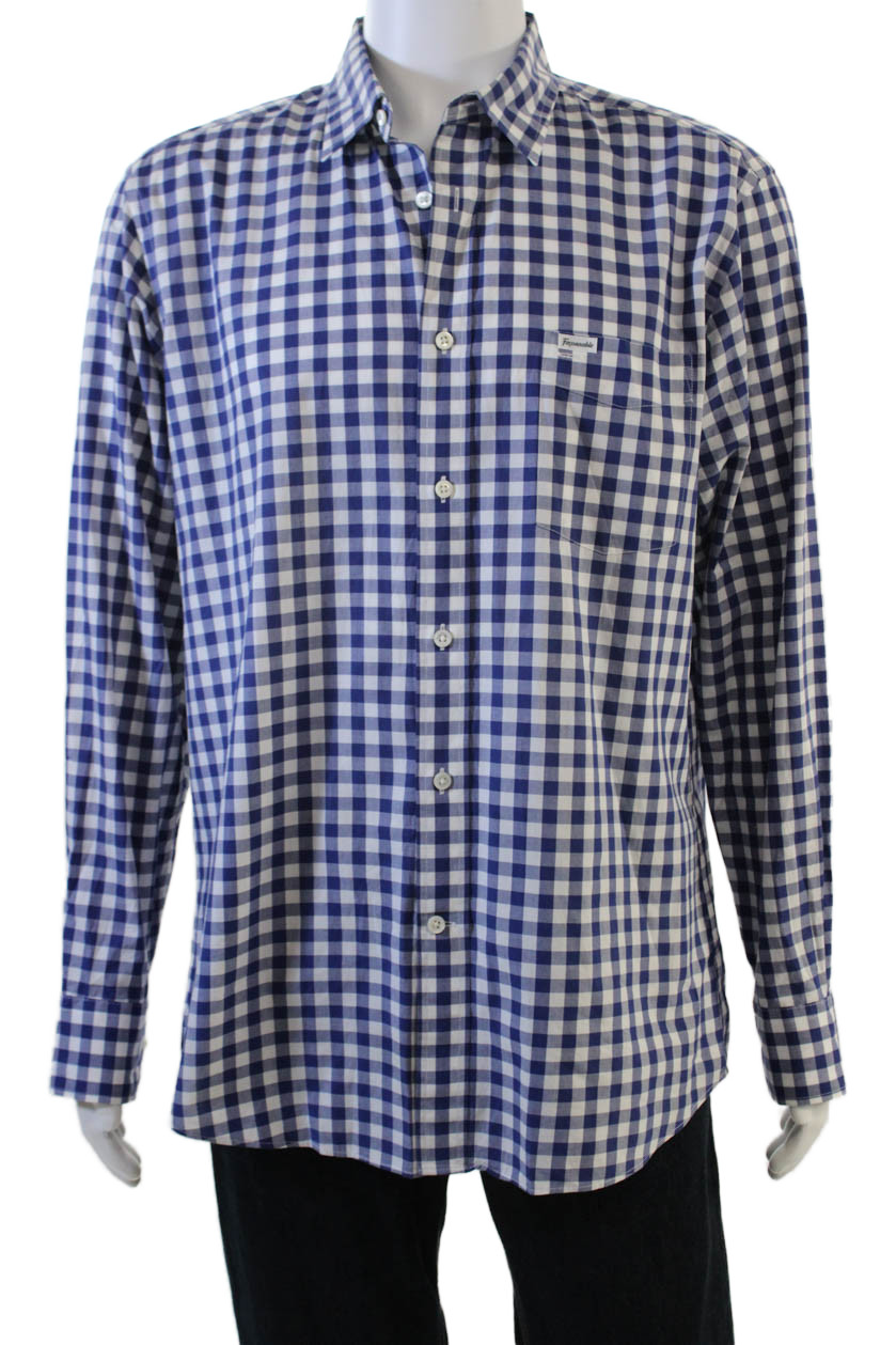 Faconnable Mens Button Front Collared Gingham Clu… - image 1