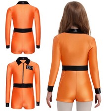 Kids Girls Jumpsuit Halloween Uniform Teens Costume Side Convict Striped Waist
