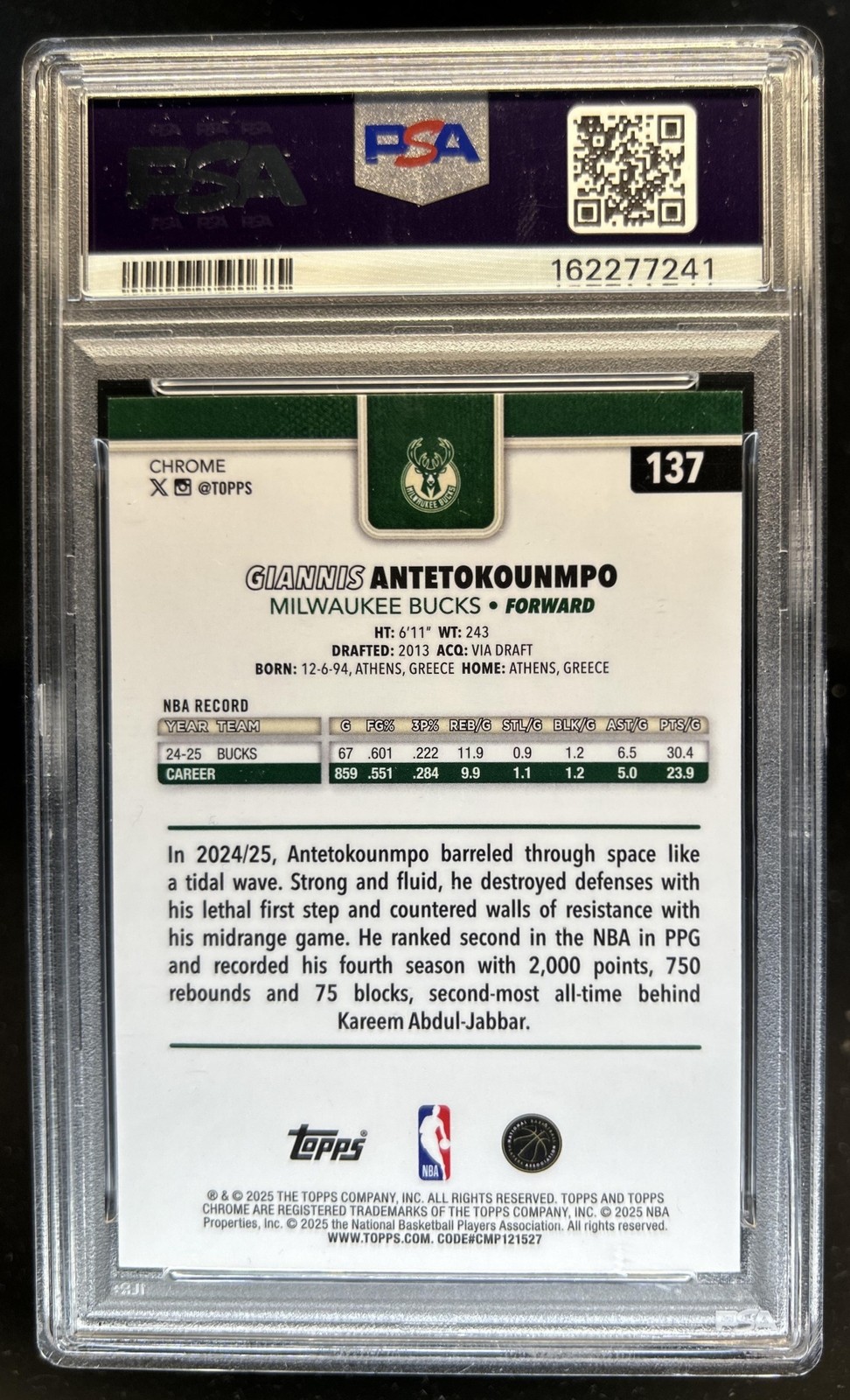 2025-26 Topps Chrome Sapphire Giannis Antetokounmpo #137 Bucks PSA 7 view 2