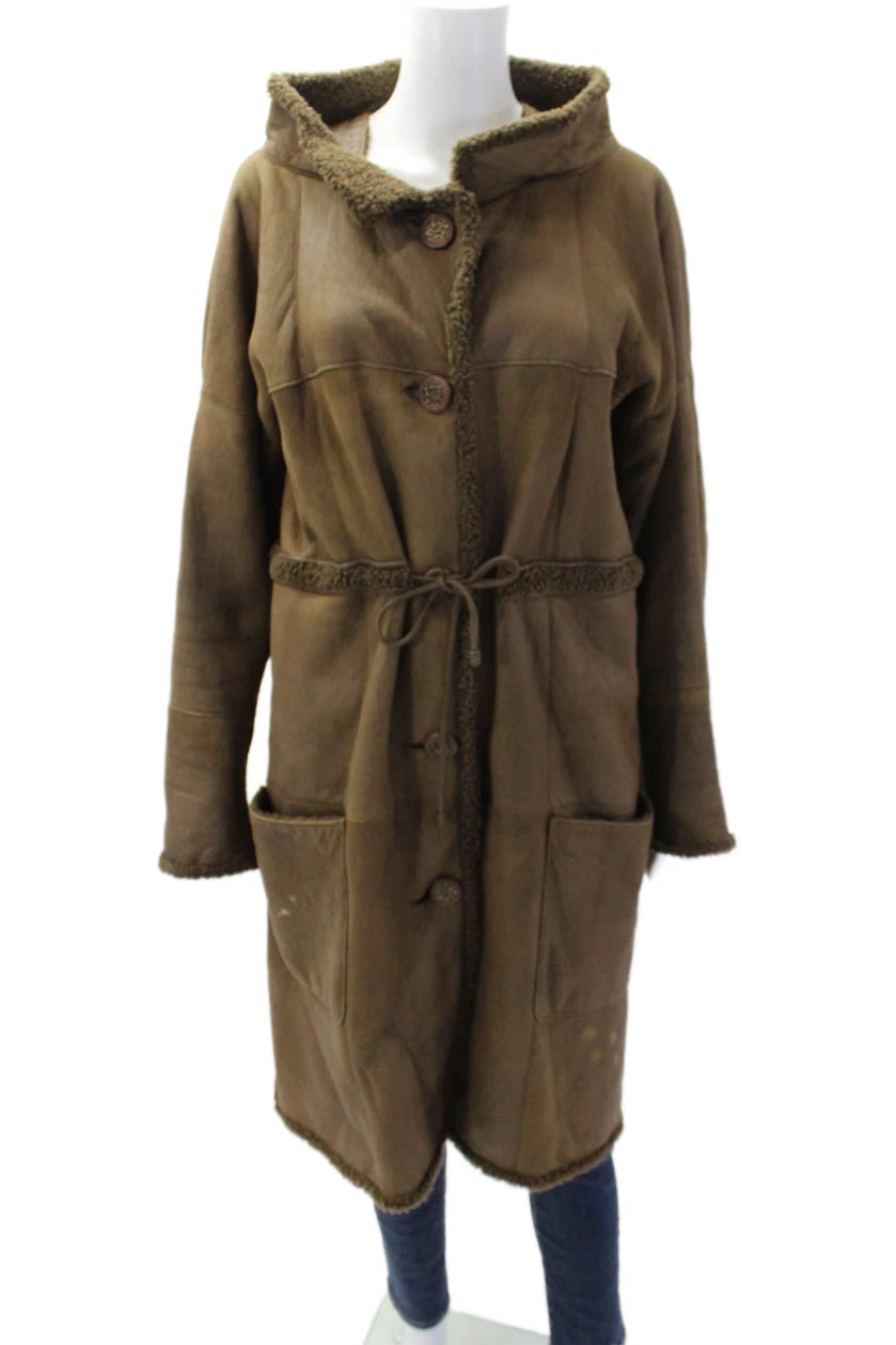 Cappotto Chanel donna scamosciato foderato shearling bottoni cravatta vita marrone taglia 38