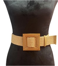 Women Belt Straw Woven Elastic Stretch Wide Waist Belts For Dresses With Buckle
