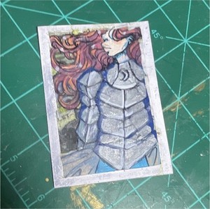 ACEO rest Original Fantasy Illustration Drawing, Armored Woman 2.5x3.5