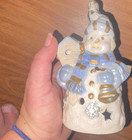 White Ceramic Snowman Figurine, Hand Painted Glossy Finish, Blue Gold Christmas — photo 1