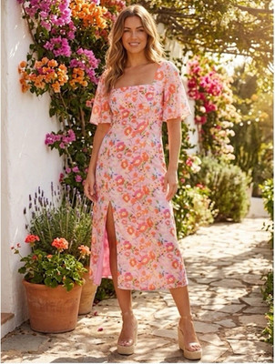 Chi Chi London Women s Pink Floral Flutter Sleeve Square Neck Midi Dress