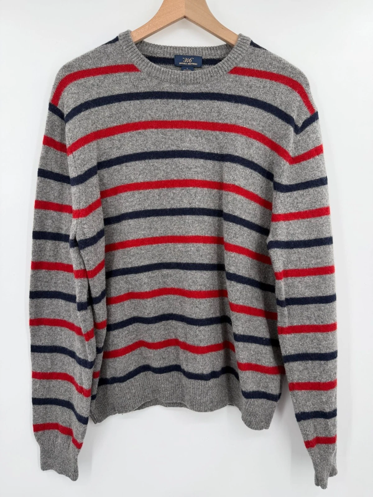 346 Brooks Brothers Sweater Men’s Large Wool Blend Gray Stripe Crew Neck Preppy
