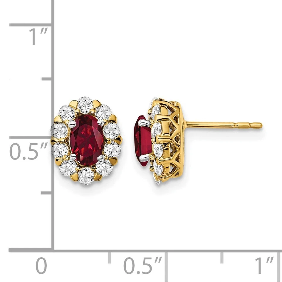 14k Yellow Gold 3/4 Ct Oval Lab Created Ruby & Diamond Women Halo Stud Earrings - Image 3 of 3
