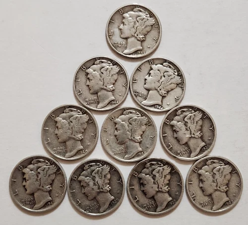 10 Mercury Dimes • 1936–1945 • 90% Silver • Circulated Lot • Solid Mix X39
