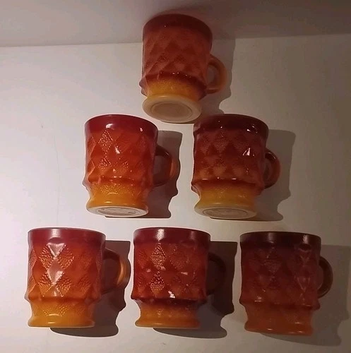 6 Vintage Anchor Hocking Fire King Kimberly Orange Ombré  Diamond Coffee Mugs
