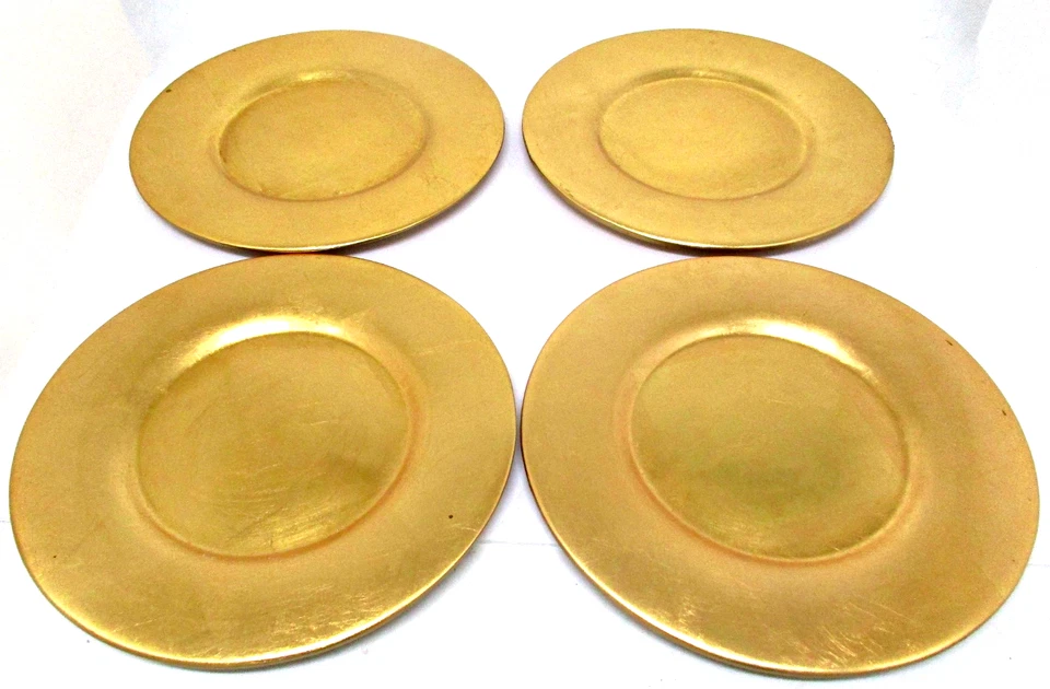 Vintage 4pc Lot Heavy Pottery Pier 1 Imports Gold-leaf Charger Plates Set 13" - Image 2 of 4