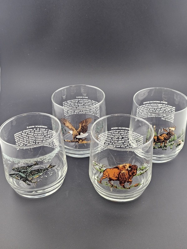 Vintage Wildlife Rocks Glasses Set 4 Bison Moose Eagle Whale Lowball Tumblers