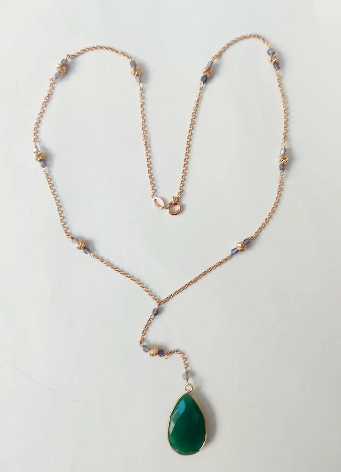 collana in argento 925 laminato oro rosa iolite goccia di cristallo sfaccettata - Immagine 4 di 4