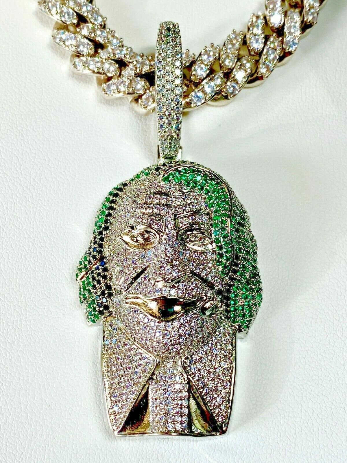 Joker Clown Iced Pendant Men's Ice Out Miami Cuban Chain 14k W Gold Chain  Icy