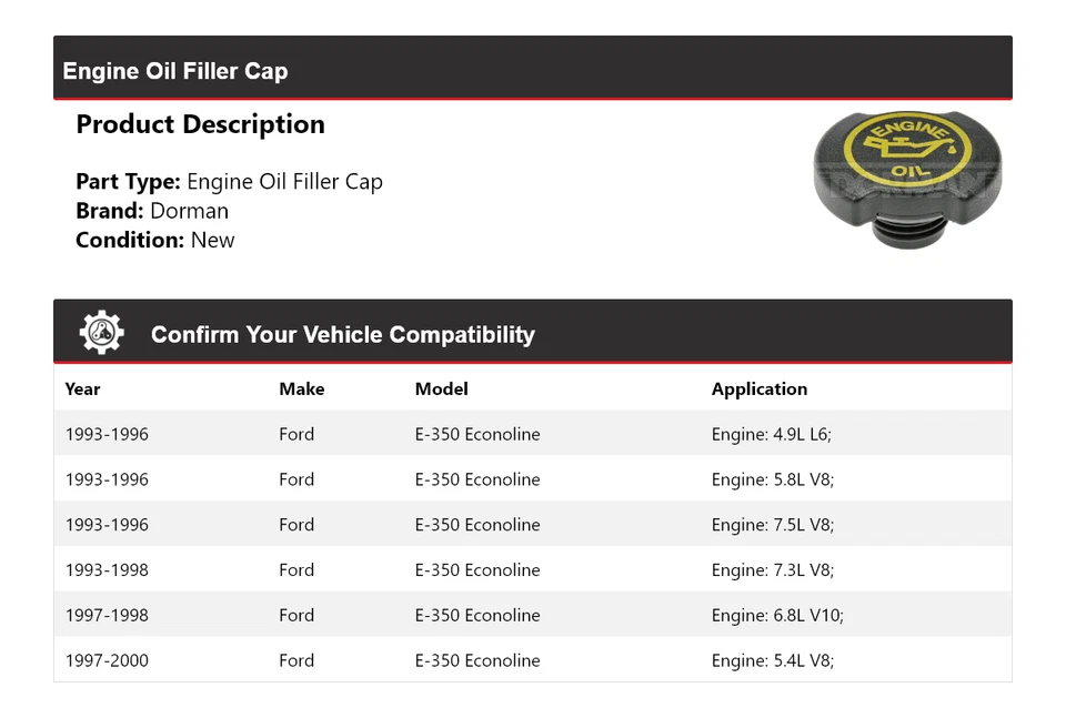 适用于 1993 - 2000 年福特 E-350 Econoline Dorman 发动机机油填充盖 1994 1996 1996 年 — 第 2/4 张图片
