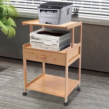 Portable Bamboo Printer Stand Wood Rolling Printer Cart With Storage Rack