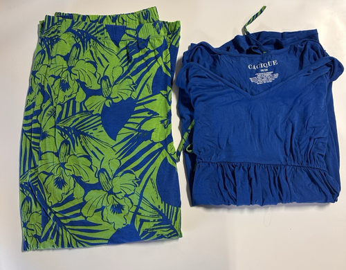 Cacique 2 teiliges Pyjama Set Damen Gr. 26/28 Oberteil Hose blau/grün