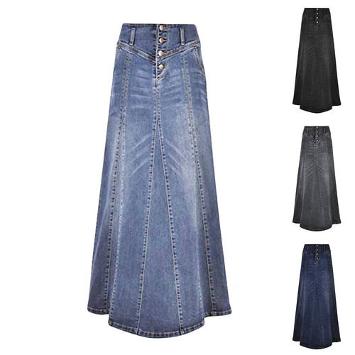 Women's Retro Exposure Button Packaged Hip A Line Maxi Long Denim Skirt - Bild 1 von 25