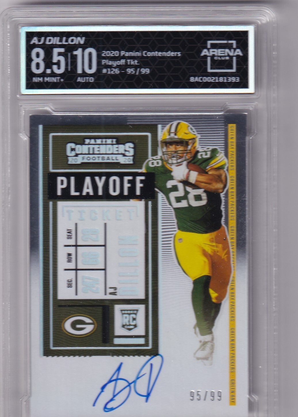 2020 Panini Contenders Playoff Ticket AJ Dillon Rookie Auto #95/99 Arena 8.5