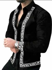 Button Down Shirts Men Baroque Long Sleeve Black White Trim Casual Fashion Dress