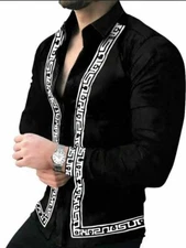 Button Down Shirts Men Baroque Long Sleeve Black White Trim Casual Fashion Dress