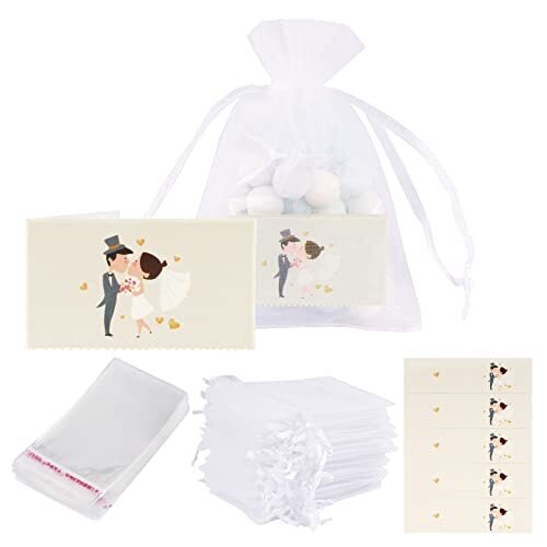 50pz Sacchetti Bianco Matrimonio Bomboniere Confetti 50pz Bigliettini (o4u)