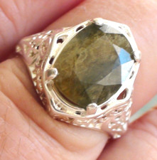 BIG 6.30 ct NATURAL UNHEATED GREEN SAPPHIRE 925 STERLING SILVER. SIZE 7.25