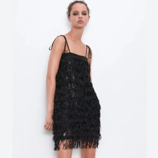 Zara Black Sequin & Fringe Spaghetti Strap Mini Dress - Size S - New with Tags