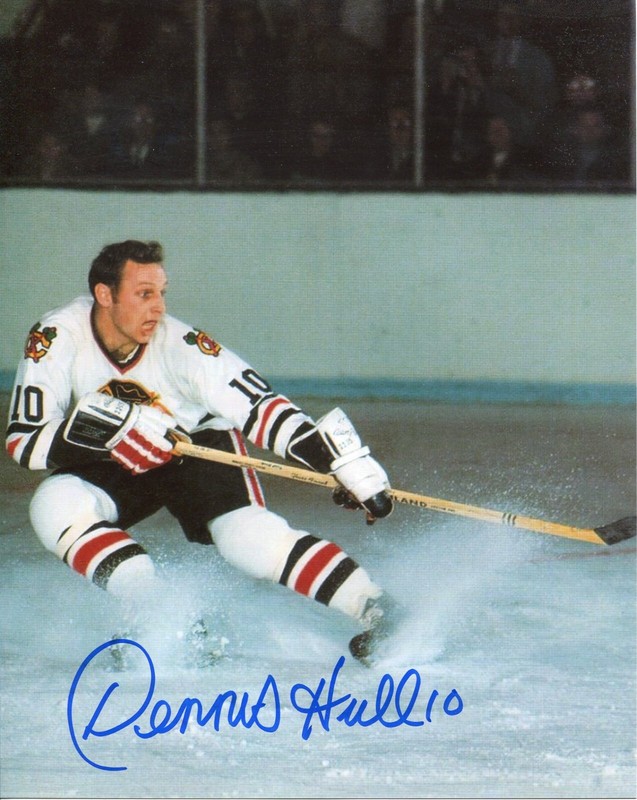 DENNIS HULL Chicago Blackhawks 1964-77 signed color Photo in action COA #5