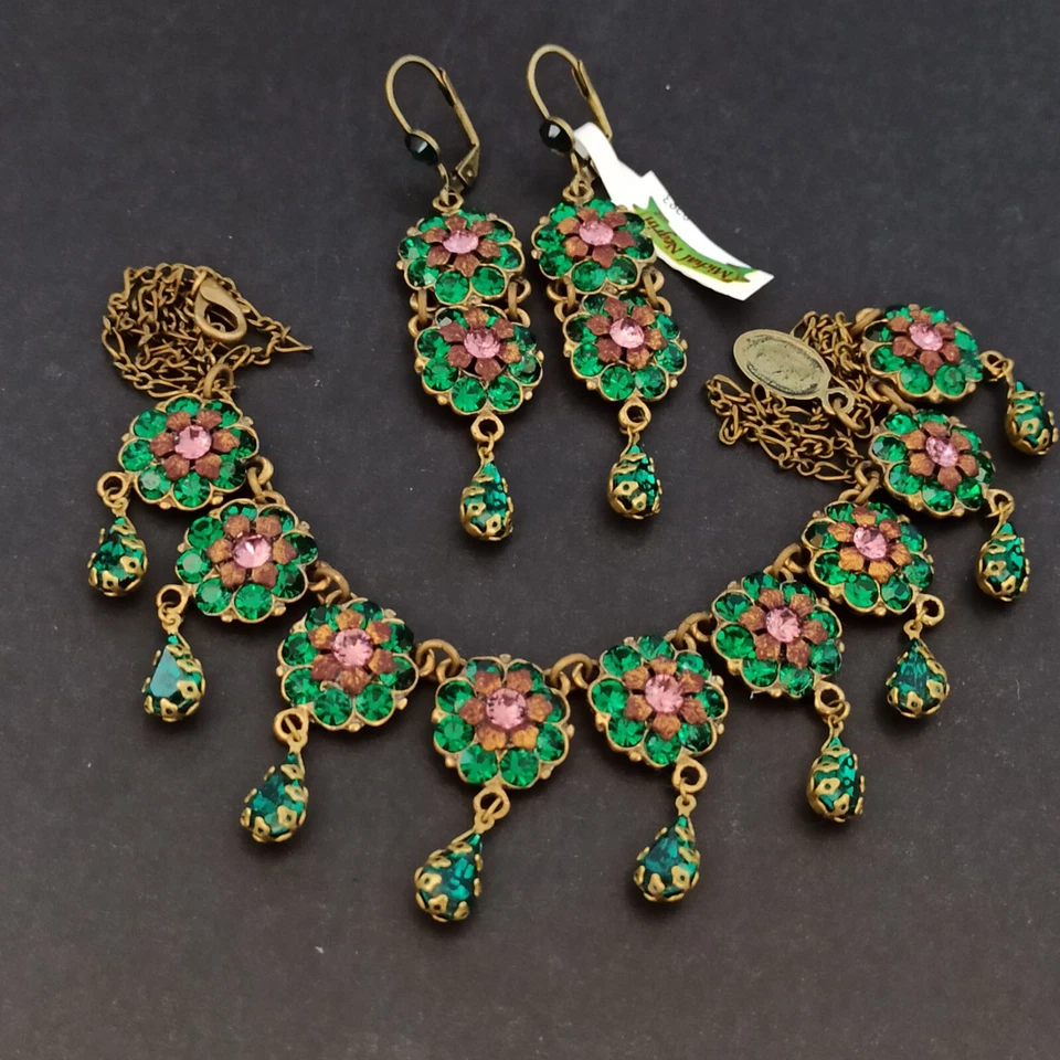 Michal Negrin Set Deep Royal Green Crystals Purple Earrings Necklace Chandelier - Image 2 of 4