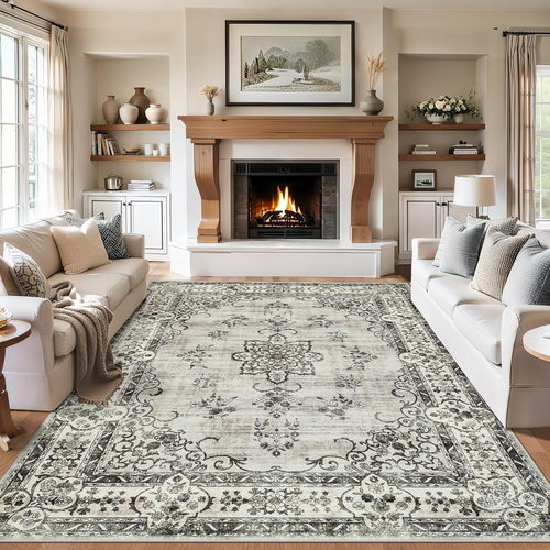 8X10 Area Rugs for Living Room: Washable Rug Vintage Large Soft Boho Floral Non-