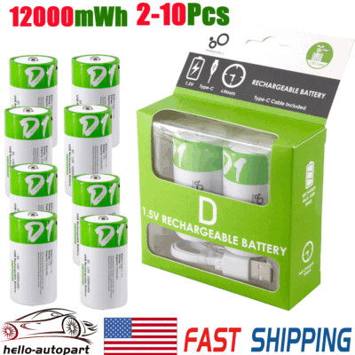 USB 12000mWh Rechargeable D Size Lithium ion Batteries LR20 1.5V with Cable Lot