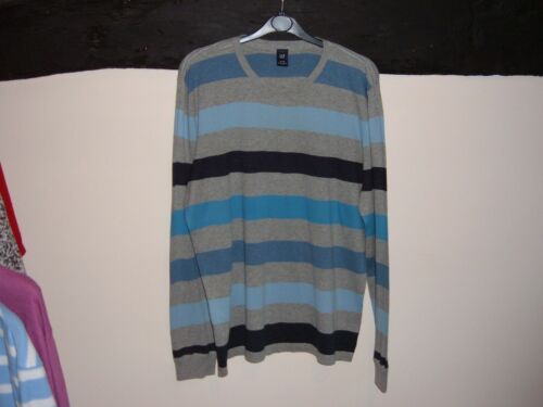 Men's GAP Striped 100% Cotton Round Neck Jumper Grey with Blue Stripes Size XL