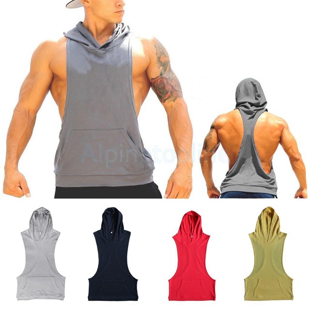 Men's Hooded Racerback Hoodie Tank Top Bodybuilding Vest Deep Cut Gym