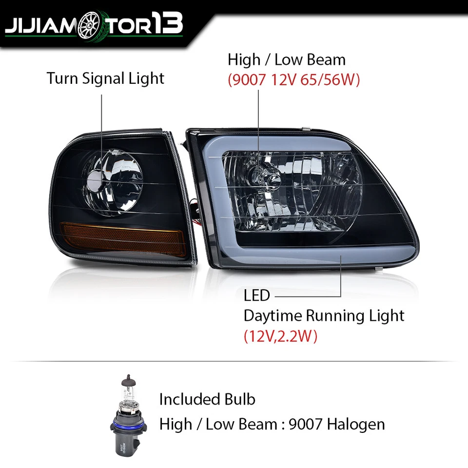 Fit For 97-04 F150 Expedition Smoke LED Tube Headlights & Corner Parking Lights - Image 3 of 4
