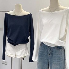 Women's For Relaxed Fit Solid T-Shirt One Shoulder Long Sleeve Casual Top