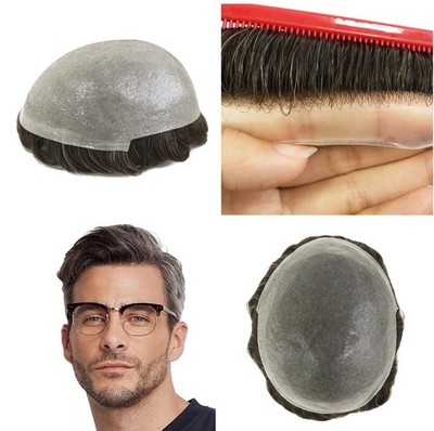 Mens Toupee Human Hair Replacement System 0.04mm Skin PU Hairpiece 100% Denisty