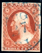 US 10A 3c 1851 Washington type II deep orange brown PF grade 90 blue town cancel