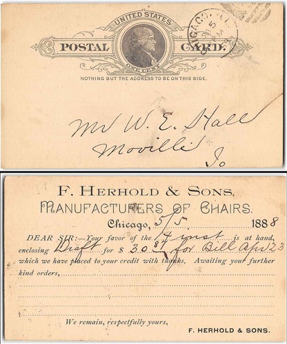 US #UX9 Chicago IL, 1888, Preprinted Chair Manufacturer